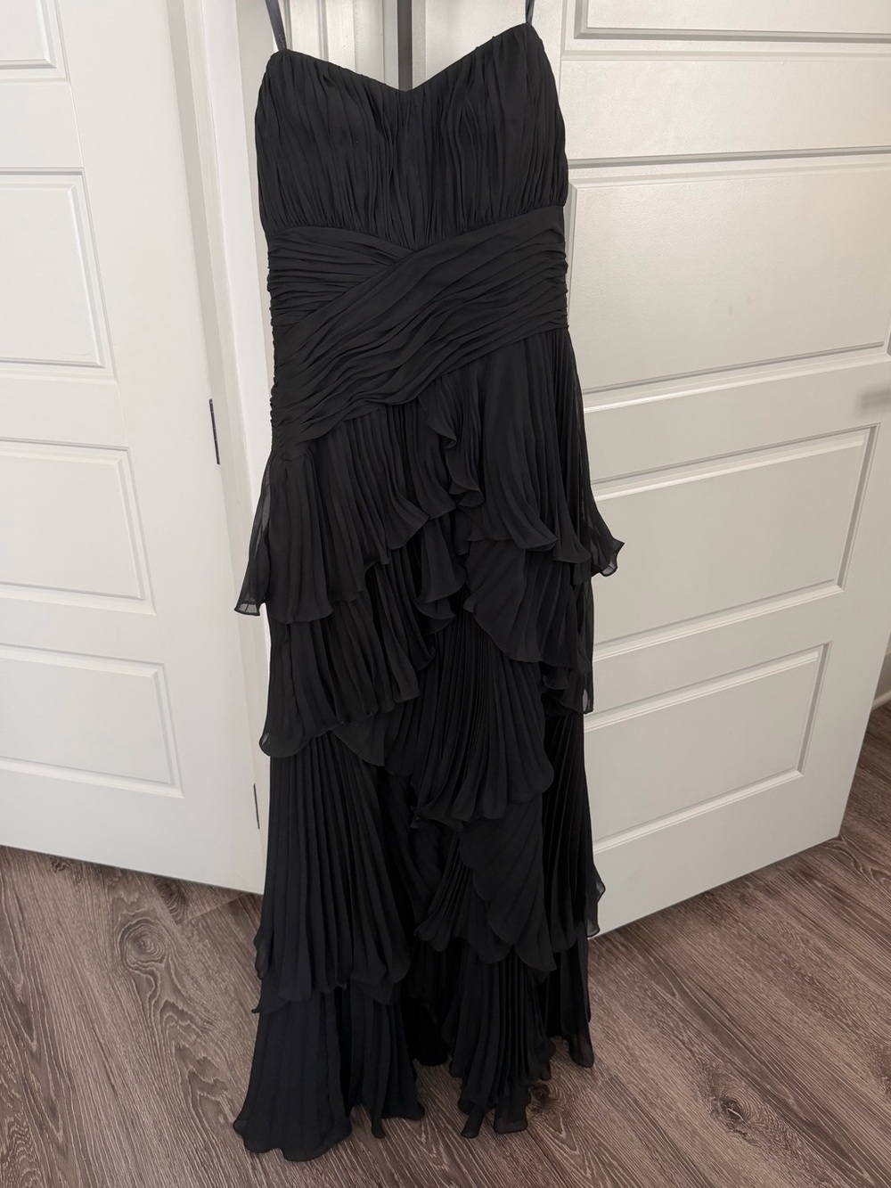 Dalia MacPhee Strapless Tiered Pleated Chiffon Gown